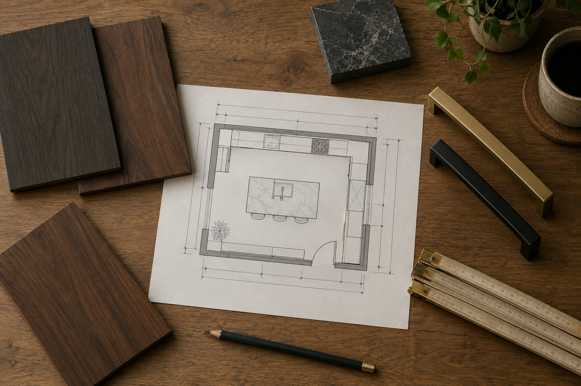 Planungstisch mit Grundriss, Holzmustern und Zollstock