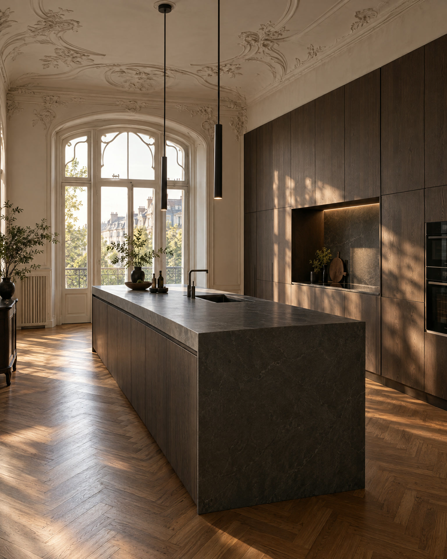 Küche mit Räuchereiche und dunklem Naturstein in einem Altbau mit Stuck